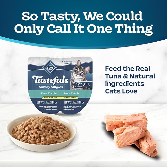 Blue Buffalo Tastefuls Savory Singles Natural Wet Cat Food in Gravy, 2.6-oz. Twin-Pack Tray, Tuna Entreé (24 Count)
