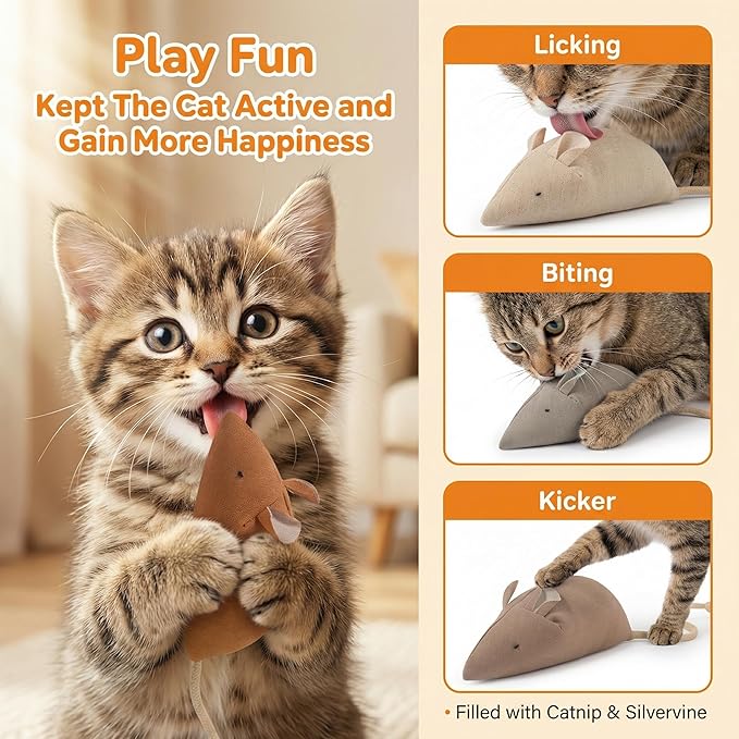 Catnip Mice Toys for Cats, 6PCS Large Interactive Fabric Mouse Toys for Indoor Adult Cats & Kittens, Encourages Cuddling, Kicking, Chasing, Playing and Chewing