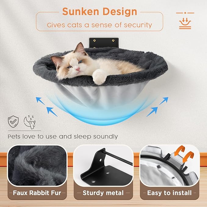 JUNSPOW Cat Hammock Wall Mounted, Foldable & Stable Cat Beds- Breathable Cats Wall Shelves for Sleeping, Playing, Climbing, and Lounging - Maximum Hold Up to 30lb（Gray,Faux Rabbit Fur）