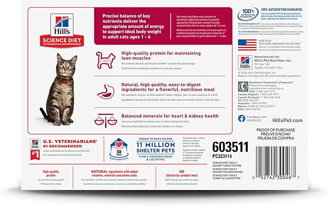 Hill's Science Diet Adult 1-6 Wet Cat Food Variety Pack, Savory Entrée Turkey & Liver, Chicken, and Turkey, 5.5 oz. Cans, 12-Pack
