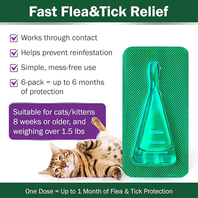 Cat Flea and Tick Prevention & Treatment - Flea and Tick Prevention for Cats, 6-Month Supply, Flea Control, Repellent, Suitable for Cats Over 1.5 lbs, Flea Supplements