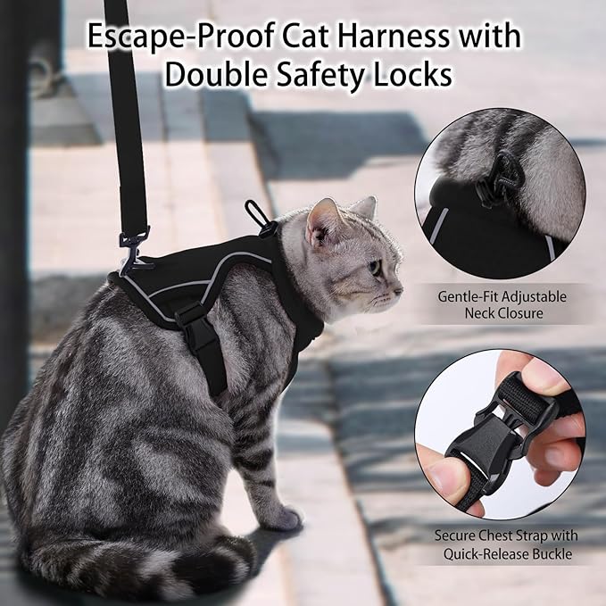 Dotoner Escape Proof Cat Harness and Leash Set Adjustable Soft Mesh Vest for Walking Safe Travel Vet Visit with Reflective Strips for Cats and Kittens(Black-S)