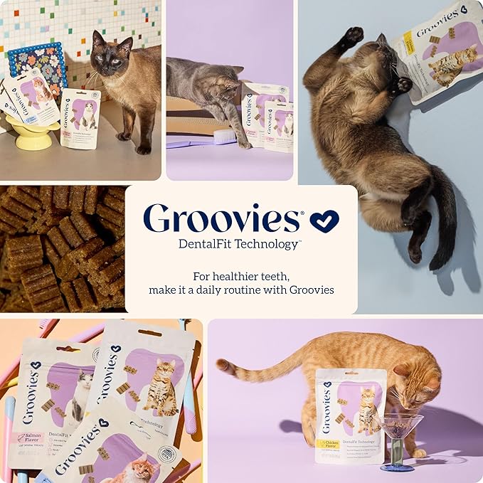 Groovies Cat Daily Dental Treats. Tasty, Crunchy Bites Cats Love. Chicken Flavor. Powered by USA-Patented DentalFit Technology. No Added Gluten, No Artificial Flavors or Colors. 1.76oz (115 Treats)