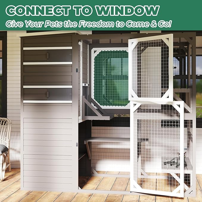 154" L Extra Large Catio Outdoor Cat Enclosure, Weatherproof Walk-in Catio Cat Patio Attached Window for Multiple Cats, Semi-Enclosed Kitty Enclosure Outside with 6 Platforms