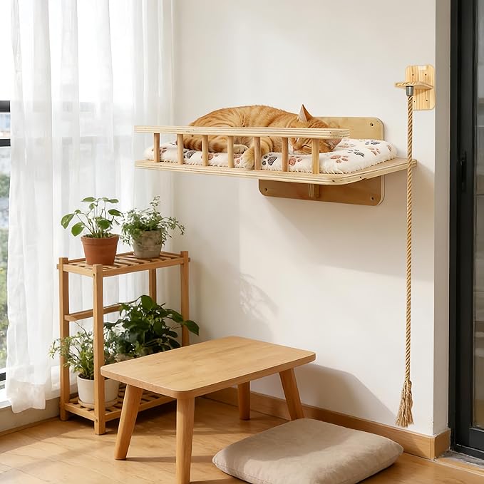 Wall-Mounted Cat Bed & 4.3ft Climbing Rope, with Soft Cushion & Cool Mat, Wall-Mounted Cat Furniture for Sleep Climb, Easy DIY Installation