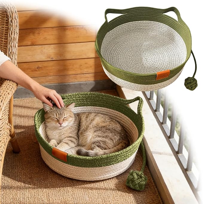 Instinct Basket for Cats - Handwoven Cotton Rope Enrichment Bed with Attached Toy Tail, Scratchable Interactive Pet Nest Features Flexible Walls to Fight Boredom & Protect Furniture (Green)