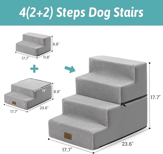 COZY KISS Dog Stairs for Small Dogs, 4 Tier Removable Wider Pet Stairs for Couch and Bed, 17.7" H Dog Steps for Old Cats, Puppy, Small Dogs, 17.7x23.6x17.7 inch, Gray