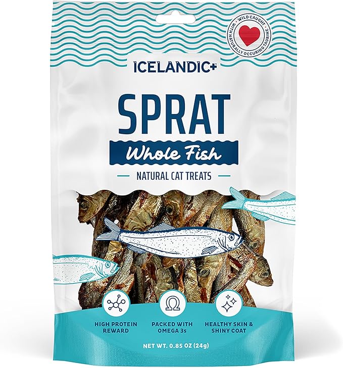 Icelandic+ Whole Fish: Sprat - 0.85oz Bag - Cat Treats, Wild- Caught, 2.5-3" Crunchy Air-Dried Pet Snacks, Single Ingredient, Just Fish-Nothing Else