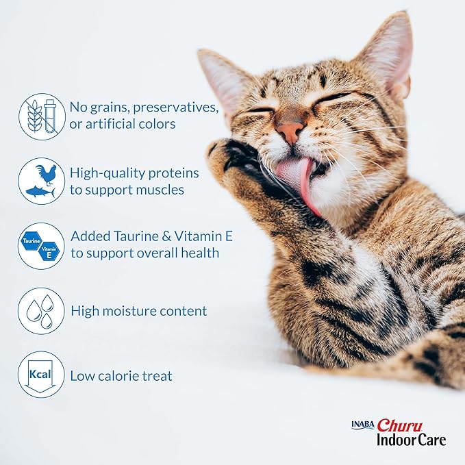 INABA Churu Indoor Care for Hairball Control, Functional Lickable Cat Treat with Taurine & Green Tea Extract, 0.5oz Each, 24 Tubes Total, Chicken Recipe