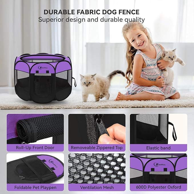 Siedihit Dog Cat Playpen, Puppy Pet Playpen, Small Dogs Tent Crates Cage Indoor/Outdoor, Portable Pop Up Dog Kennel Playpen with Carrying Case for Dogs/Cats/Rabbits,Purple