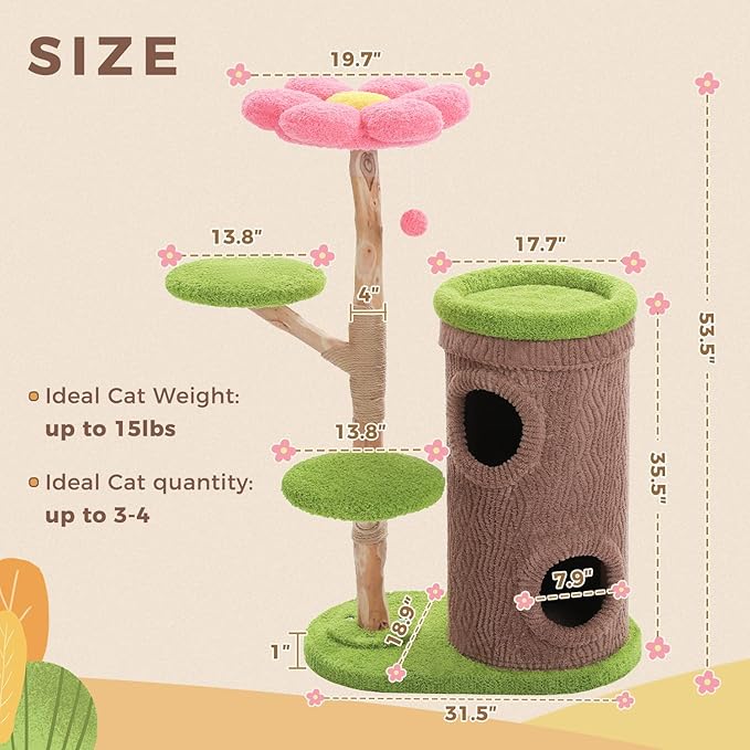 MUTTROS Wood Cat Tree with Flower Perch, 53.5" Modern Cat Tower w/Natural Solid Wood Scratching Post (φ3.8in), Large Heavy Duty Forest Cat Tree Furniture w/2 Condos for Indoor & Multi-Cat Household