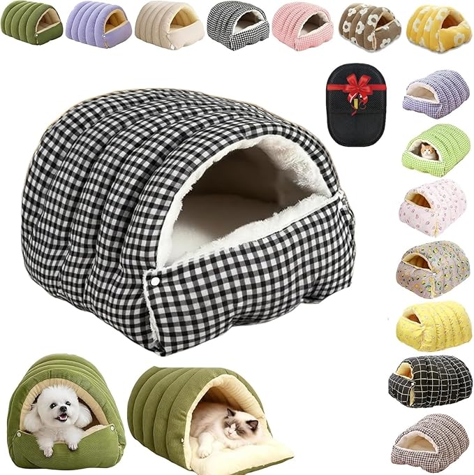 Removable and Washable Winter Closed-Off Cat Bed, Cutypet Winter Cave, Warm Foldable Secure Pet Nest for Indoor Cats & Small Dogs, Comfor Plush Snuggle Hut for Kitty, Puppy, Pets (Linen-Black 3,L)