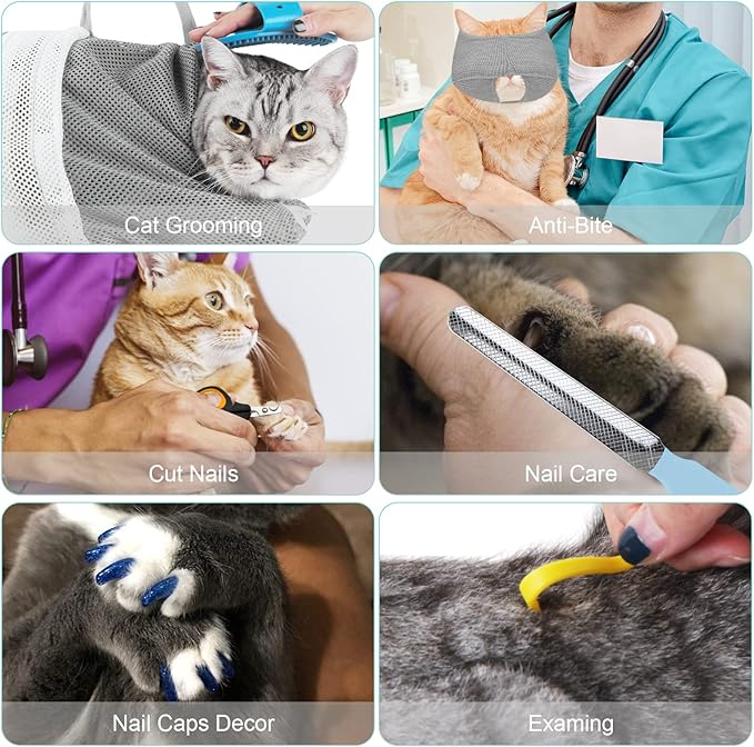 Cat Bathing Bag Adjustable Cat Grooming Net Bag Anti-bite & Anti-Scratch Cat Bath Washing Restraint Bag, Breathable Mesh Cat Grooming Bag for Shower, Nail Trimming, Injection