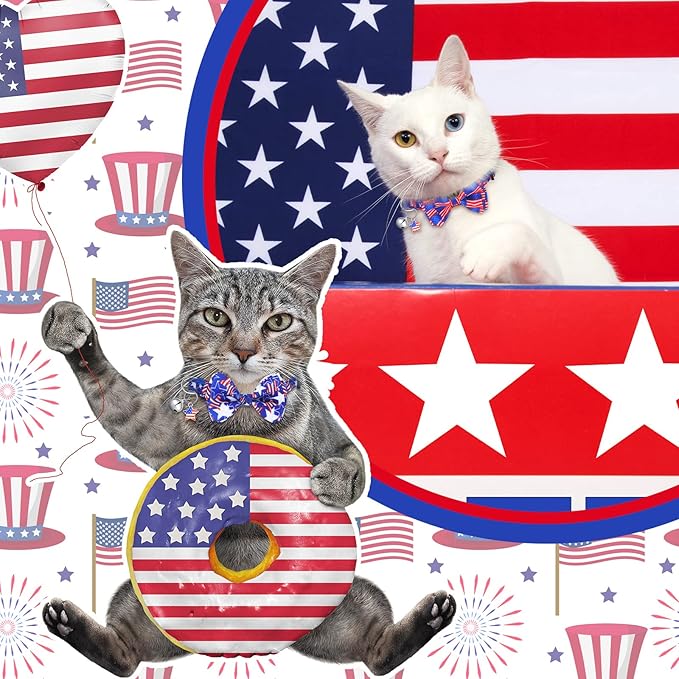 Kacctyen 18 Pcs Patriotic Cat Collars Bulk Easter Holiday Cat Collars with Bow Tie 4th of July Decoration Kitty Breakaway Adjustable Pet Kitten Bowtie Decor(Medium)
