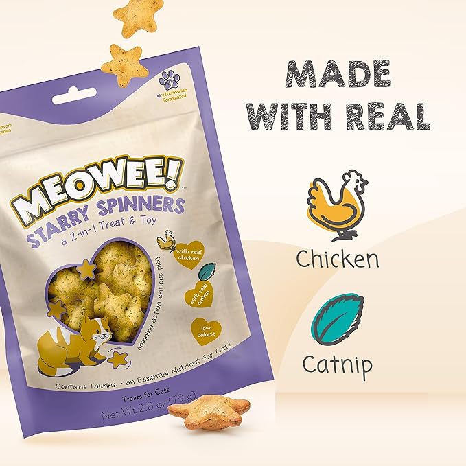 MEOWEE! Starry Spinners Cat Treat, 2.8 Ounce, 2-in-1 Treat & Toy Made with Real Chicken, Chicken Liver & Catnip, Encourages Playfulness & Low Calorie (Pack of 2)