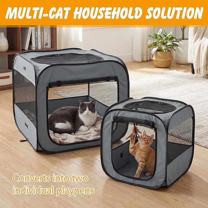 Portable Cat Playpen with Separate Areas, Foldable Cat Tent for Indoor and Outdoor, Pet Playpen for Kittens and Small Dogs