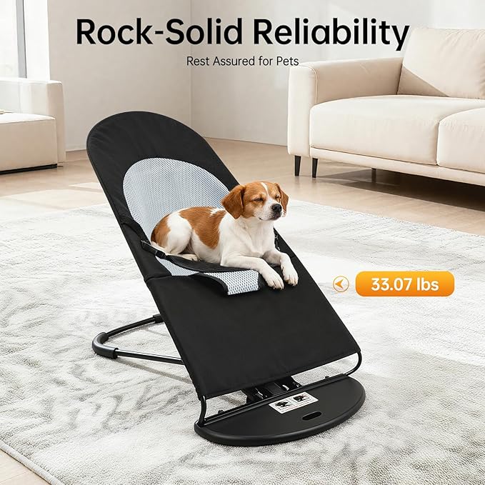 Pet Rocking Chair Solid Color Breathable Dog Bed Chair Portable Foldable Dog Cat Chair for Small Pets Weighing Less Than 33.07 lbs, 3 Levels Adjustable Height, Washable&Removable (Black)