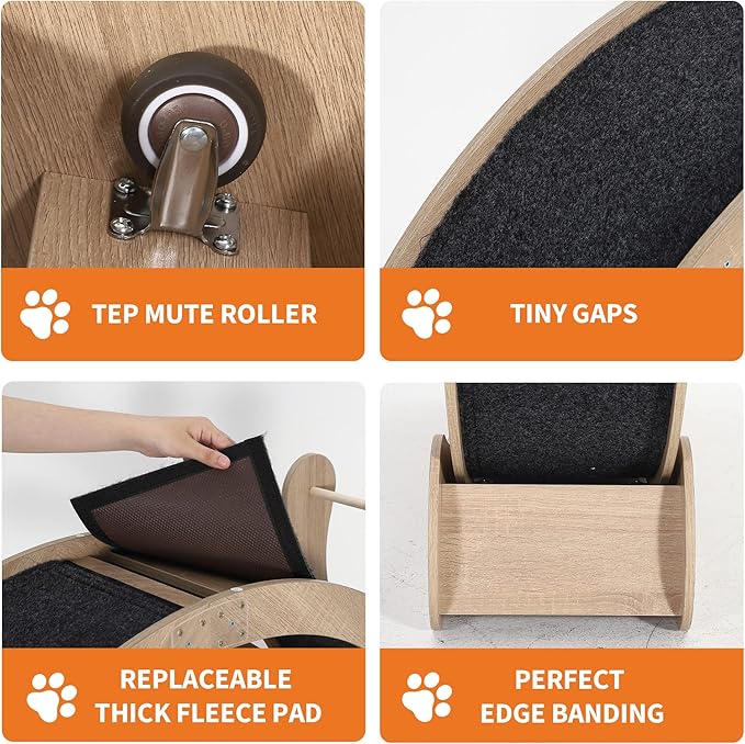 Cat Exercise Wheel,41" Wooden Cat Treadmill with TPE Silent Rollers, Indoor Running Wheel with Interactive Toys, Sisal Scratching Pad & Storage Shelf, Safe Narrow Gap for Large Cats