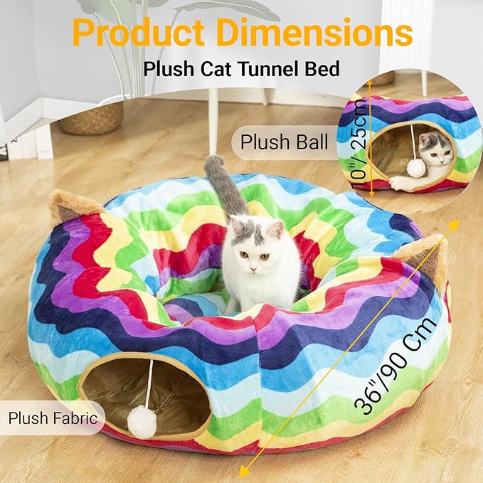 Large Cat Tunnel Bed Under Christmas Tree with Fluffy Toy Balls, Small Cushion and Flexible Design- 10 inch Diameter, 3 ft Length- Great for Cats, and Small Dogs, Rainbow Wave Color