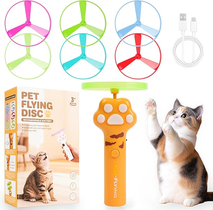 Cat Fetch Toy for Yard Chase, Rechargeable Flying Disc Launcher with 6 Flying Discs, Interactive Cat Hunting Toys for Outdoor & Indoor (Orange)