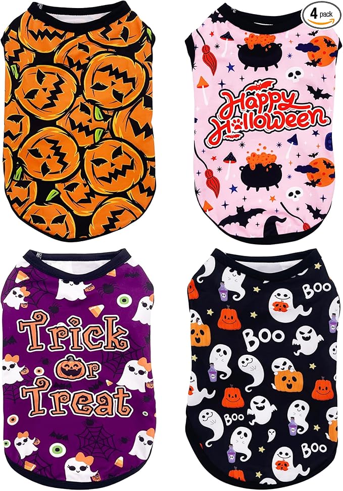 PET SHOW 4 Pack Halloween Dog Shirts for Medium Large Dogs Ghost Pumpkin Tank Top Tee Black Orange T-Shirts Pets Holiday Party Sleeveless Vest Dog Clothes Boys Girls(X-Large)