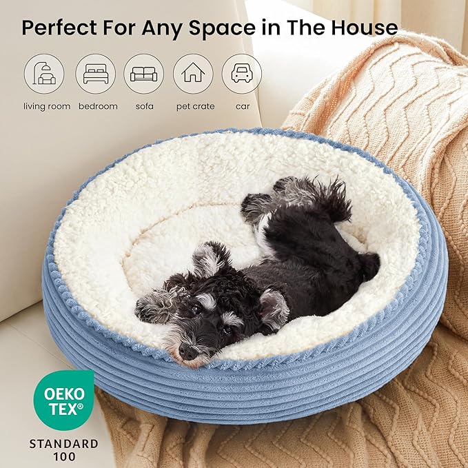 Love's cabin Round Donut Cat and Dog Cushion Bed, 25in Pet Bed for Small or Medium Dogs, Anti-Slip & Water-Resistant Bottom, Soft Durable Fabric Pet Beds, Washable Calming Cat Bed Sky Blue Stripe