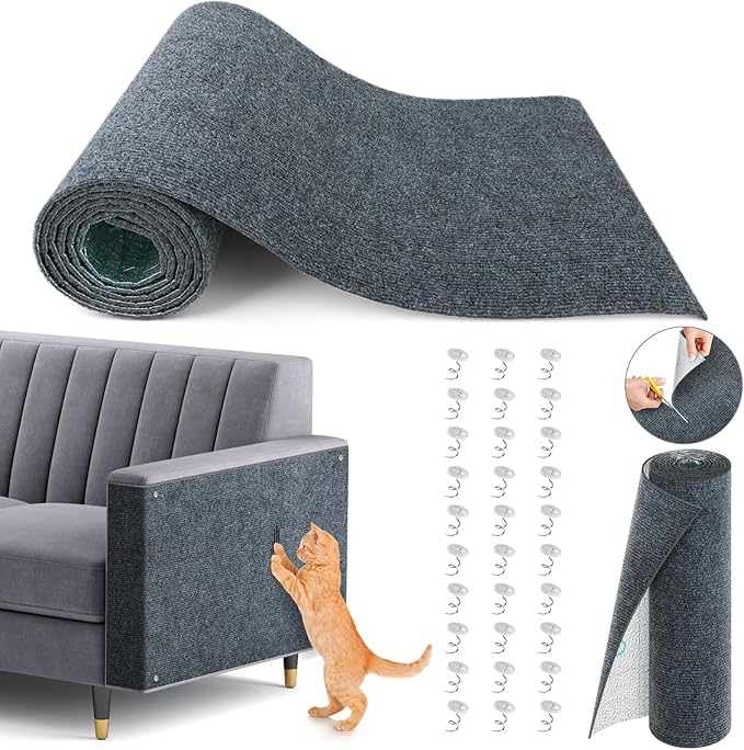 Cat Scratch Couch Furniture Protector, 78.7in x 15.8in Self-Adhesive Cat Scratch Mats, Trimmable DIY Cat Scratcher Pads for Wall, Couch Corner, Cat Tower and Replacement Pads (Gray)