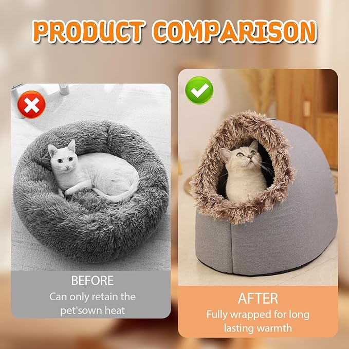 Winter Warm Pet Cave Bed, 2026 New Winter Cozy Cat Tent for Indoor, Soft Plush Cozy Indoor Nest with Non-Slip Bottom for Small Medium Dogs, Cats (Gray, L, 20 * 16 * 15inches)
