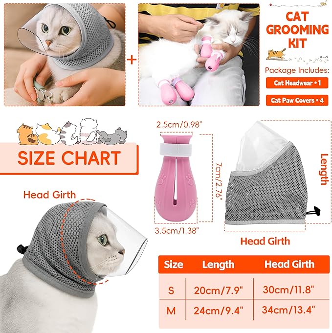 Adjustable Cat Muzzle for Grooming & Biting Prevention, Upgrade Kitten Head Cover,Breathable Anti-Bite Cat Mask with 4 Anti-Scratch Gloves Boots Silicone Shoes for Nail Trim Bath Vet Visit (Grey, M)