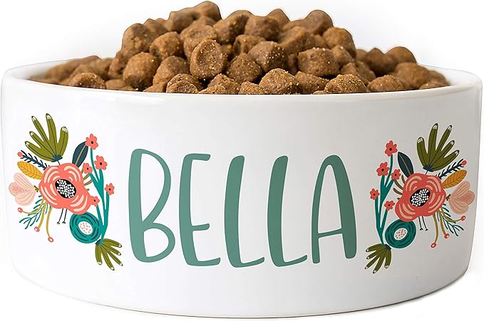 Personalized Dog Bowl w/Name, Ceramic Bowl for Dogs and Cats, 2 Sizes for Small and Large Dogs - Pet Dish for Dry or Wet Food and Water, Custom Pet Food Bowl | Flowers, 7 inches