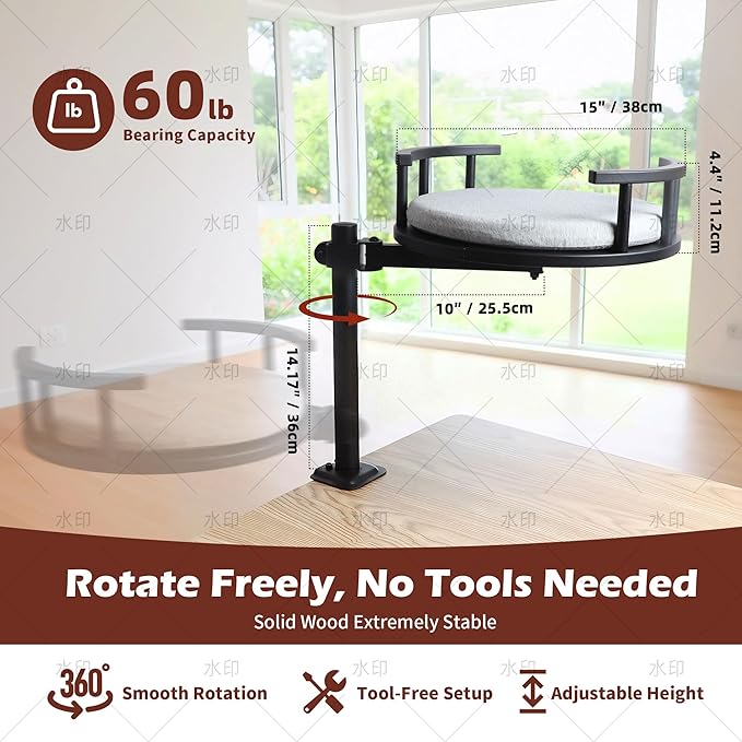 Cat Bed for Desk,14.9" Desk Cat Hammock with Clamp,Wooden Desktop Pet Perch, Elevated Cat's Nest Mounted on Table for Office & Computer Setup,360°Rotating Perch，Mat Machine Washable,Black