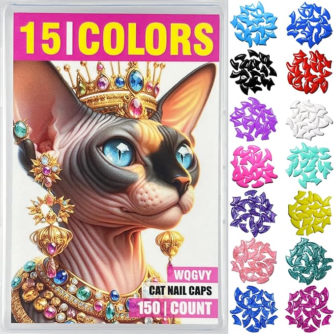 15 Colors / 150 pcs Cat Nail Caps | Cat Claw Covers with Adhesives and Applicators (S)