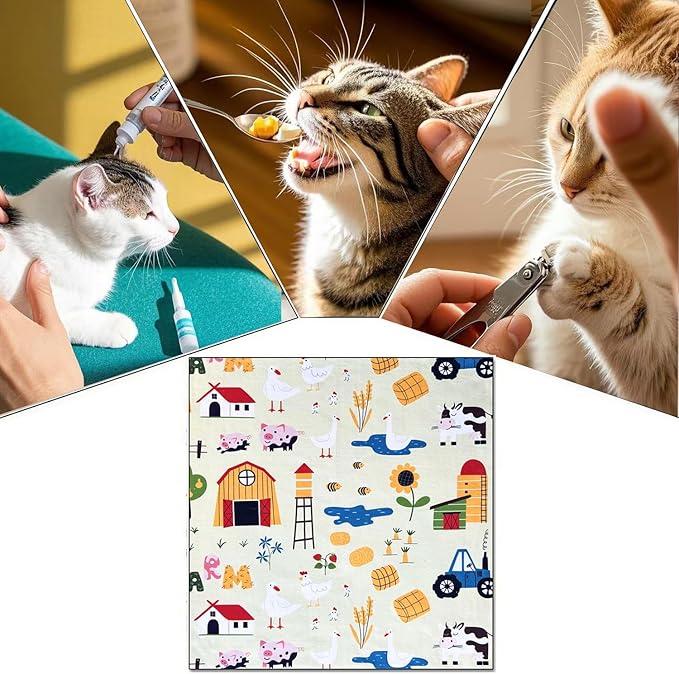 Cat Wrap for Cutting Nails Cloth Burrito Wrap for Nail Clipping,Scratch and Escape Prevention,Multi-Purpose Swaddle Wrap Pet Worker (Farm + House, 21.65inchx21.65inch)
