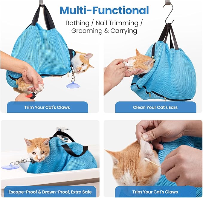 Medium 6-12 lbs Blue Cat Bathing Bag - Double Fix with Suction Cups & Adhesive Fasteners, Anti-Escape & Scratch-Resistant, Breathable & Easy to Clean, for Bathing, Nail Trimming & Travel
