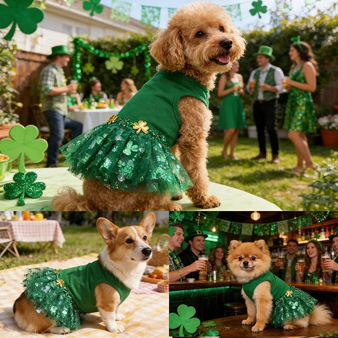 St. Patrick's Day Pet Dress Tutu, Dog Tulle Skirt for Small Dog Girls Green Puppy Dress Cat Apparel Pet Irish Holiday Outfits (Green, Small)