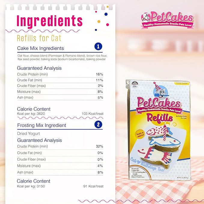 PetCakes Birthday Treat Mix Refills for Cats - Make Healthy Cakes - Includes 1 Cake Mix, 1 Frosting & Candle, Cheese Flavor - Net Wt. 3oz
