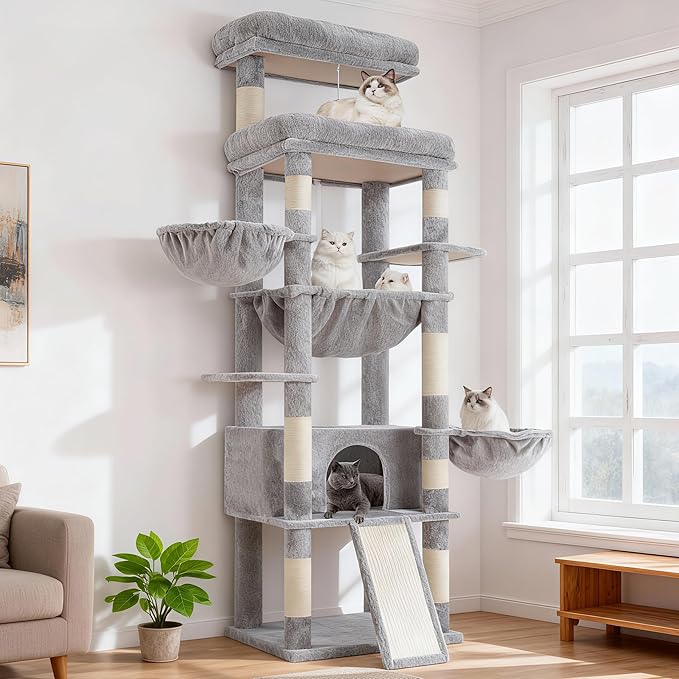 Hey-brother Cat Tree Tower, Scratching Posts with Extra Large Platform and Basket, Specious Condo, 2 Cozy Hammocks, Scratch Board for Indoor Adult Cats, Maine Coon 71.7 inches, Light Gray MPJ080W