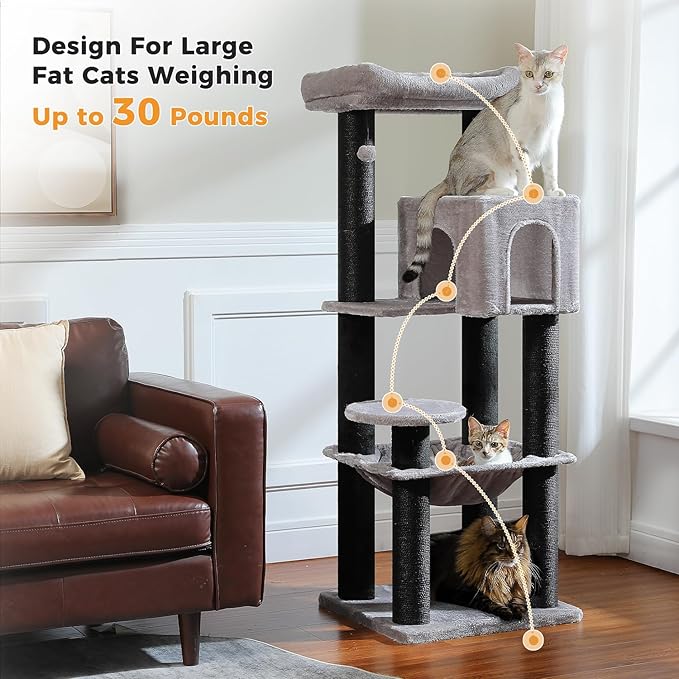 MUTTROS Large Cat Tree for Indoor Cats Large Adult, 57.8" Heavy Duty Cat Tower with Reinforced Scratching Posts (φ3.7in) and Plush Larger Hammock for Maine Coon & Big Cats, Supports 30lbs, Black