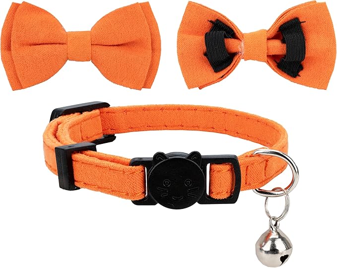 Cat Collar with Bow Tie Bell Breakaway Kitten Small Pet Safety Solid Wedding Basic Pure Color Suede Soft Adjustable [1pc] Orange