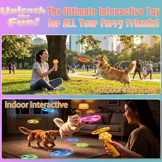 Cat Fetch Toy | One-Touch Automatic Launcher | Up to 20m Range | 6 Flying Discs | USB-C Rechargeable | No Winding Needed | Interactive Indoor Outdoor Cat Toy