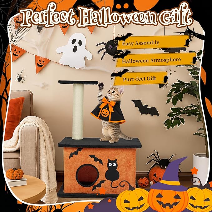 Outvita Halloween Cat Tree, 33" Cat Tower with Spacious Cat Condo, Gothic Scratching Posts, Large Platform, Cat Activities Furniture, Orange & Black