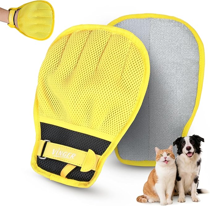 VINGER Pet Hair Removal Glove for Cats & Dogs, Electrostatic Pet Hair Gloves with Adjustable Wristband, Five-Finger Magic Brush Remover Tool for Laundry, Carpet, Couch, Car Seats & Clothing (Yellow)