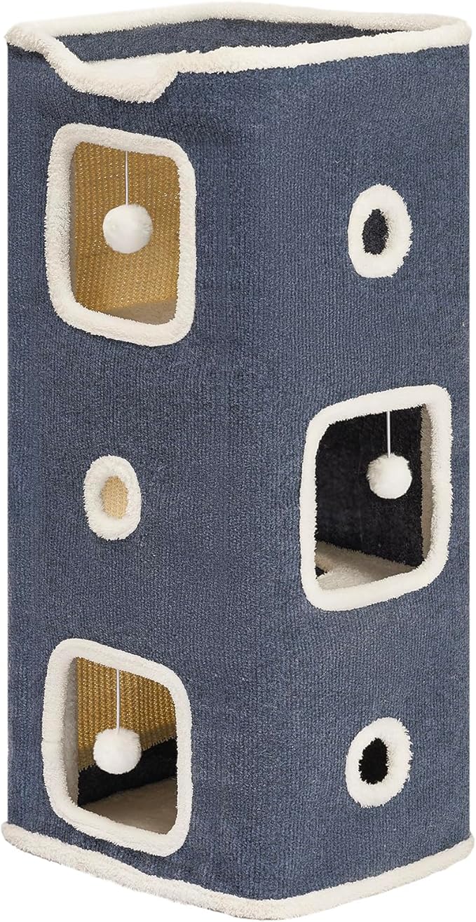 Cat House, Cat Beds for Indoor Cats, 3-Story Cat Condo Cube with Scratch Pad and Fluffy Ball Hanging, Multi-Level Cozy Hideout Center Ideal for Small/Medium Cats