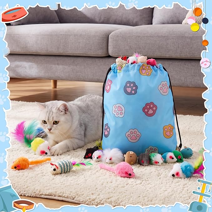 Leitee 51 Pcs Assorted Mice Cat Toys Bulk with Cat Paw Gift Storage Bags Set, Small Furry Mouse Kitten Toy for Indoor Cats, Interactive Play Color Varies (Mix Mice)