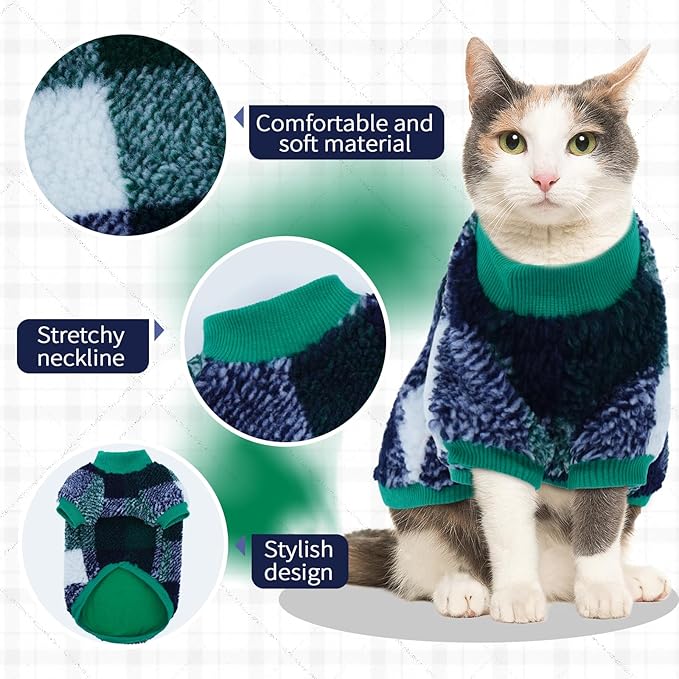 Sphynx Cat Sweater, Soft Fleece Pullover with Sleeves, Warm & Elastic Pet Clothes for Hairless Cats and Small Kittens, Cozy Winter Outfit Green XL