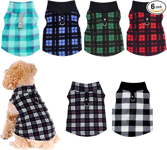 Rbenxia 6 Piece Buffalo Plaid Dog Sweater Set Soft Fleece Vest & Pullover Jacket with Leash Ring for Puppy, Cat Small Dog Pets Warm Winter Outfits (Red, Green, Blue, Black, Bright Blue, Gray, Medium)