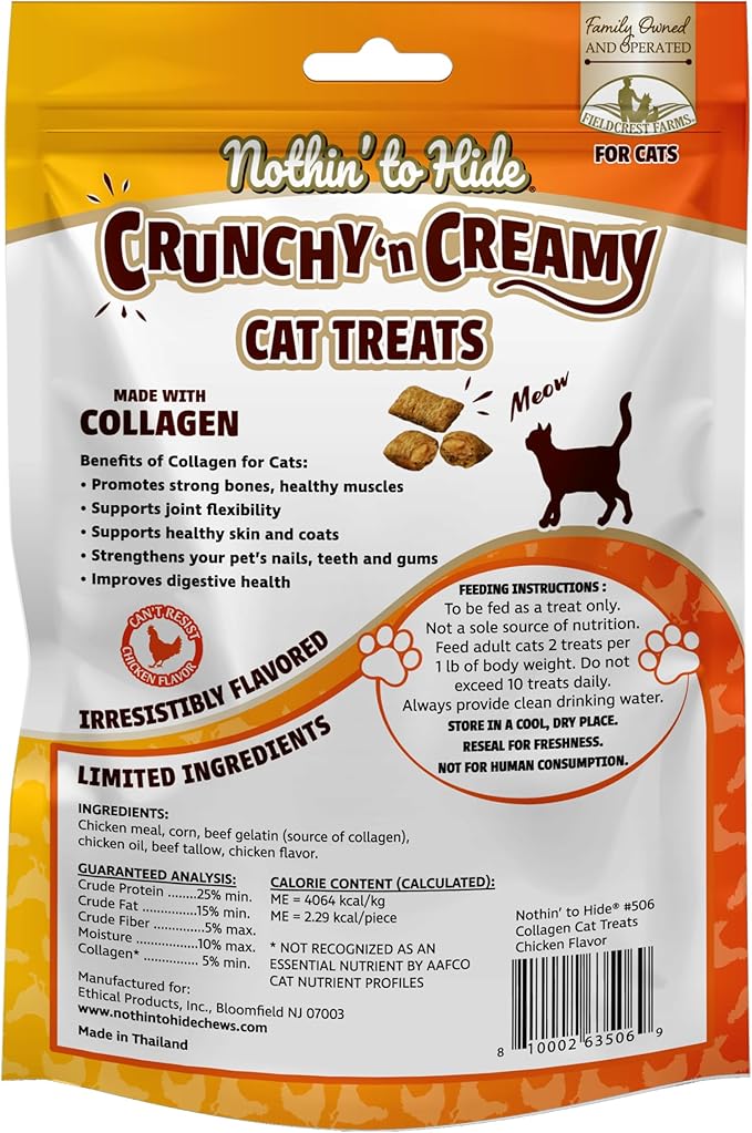 Fieldcrest Farms Nothin’ to Hide Collagen Cat Treats – Chicken Flavor Crunchy & Creamy Cat Snacks, High-Protein Treats for Healthy Skin, Coat & Joints, 3 oz Bag (Pack of 4)