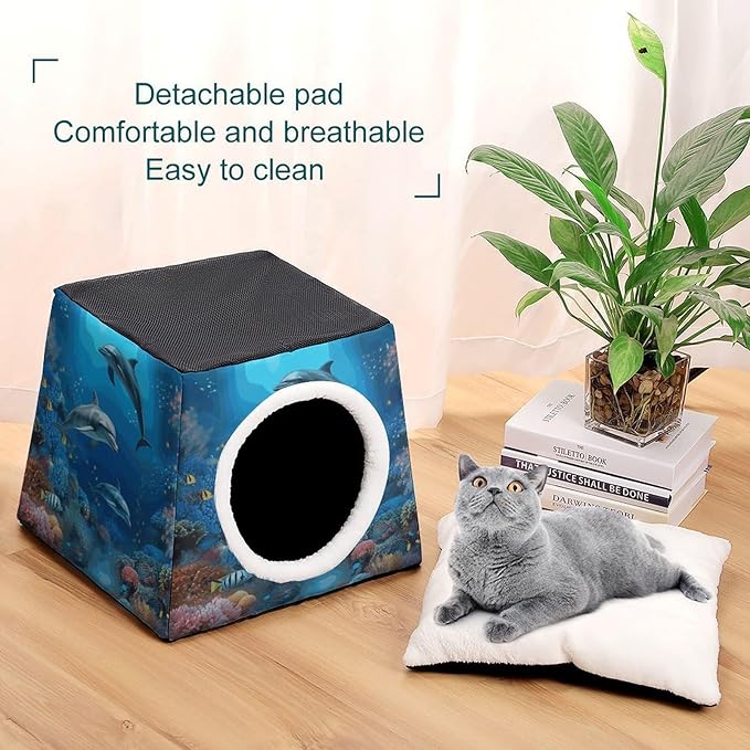 Cat Cave Cat Beds for Indoor Cats Underwater World Dolphins Coral Foldable Cat Hideaway with Washable Cushion and Non-Slip Base