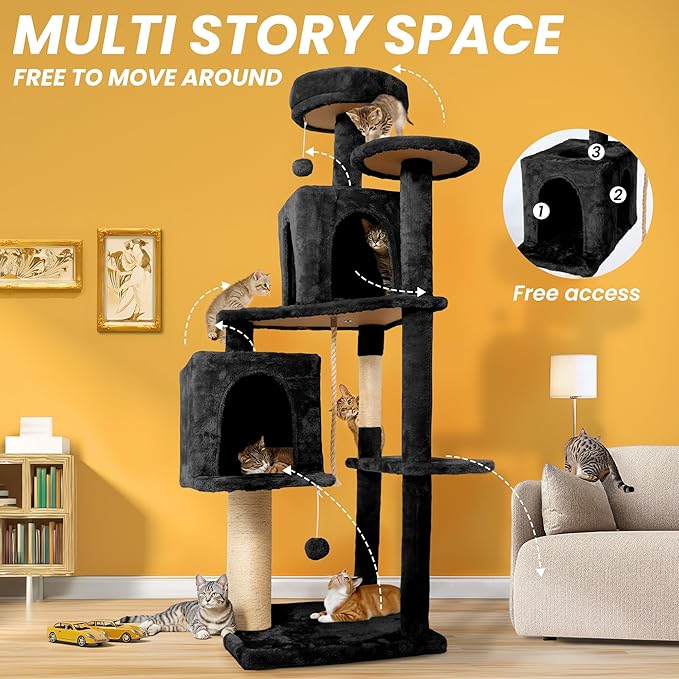 59in Large Cat Tree Tower for Indoor Cats with Soft Plush Hang Ball, Two Condos, Sisal Scratch Posts & Rope Play for Kittens/Adult Cats, Black