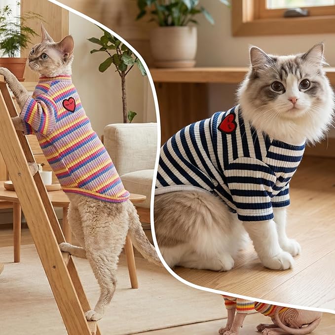 DENTRUN Hairless Cats Shirt Breathable Cat Daily Wear Clothes Stripe Vest Adorable Pajamas Jumpsuit Soft & Skin-Friendly
